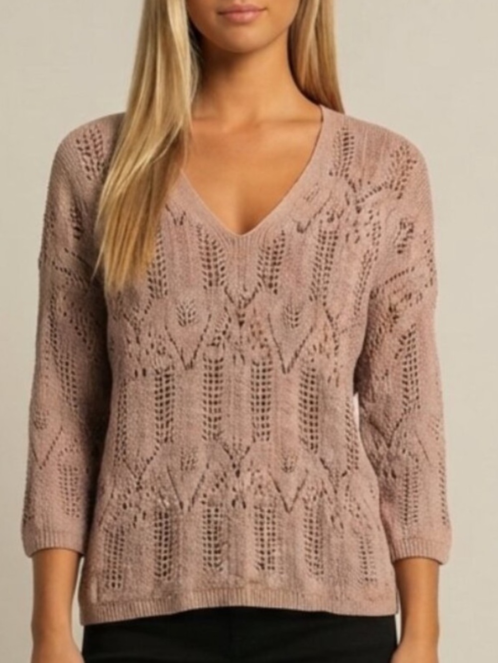 Pure Jill Open-Knit Cotton Blend V-Neck Sweater Small 39937